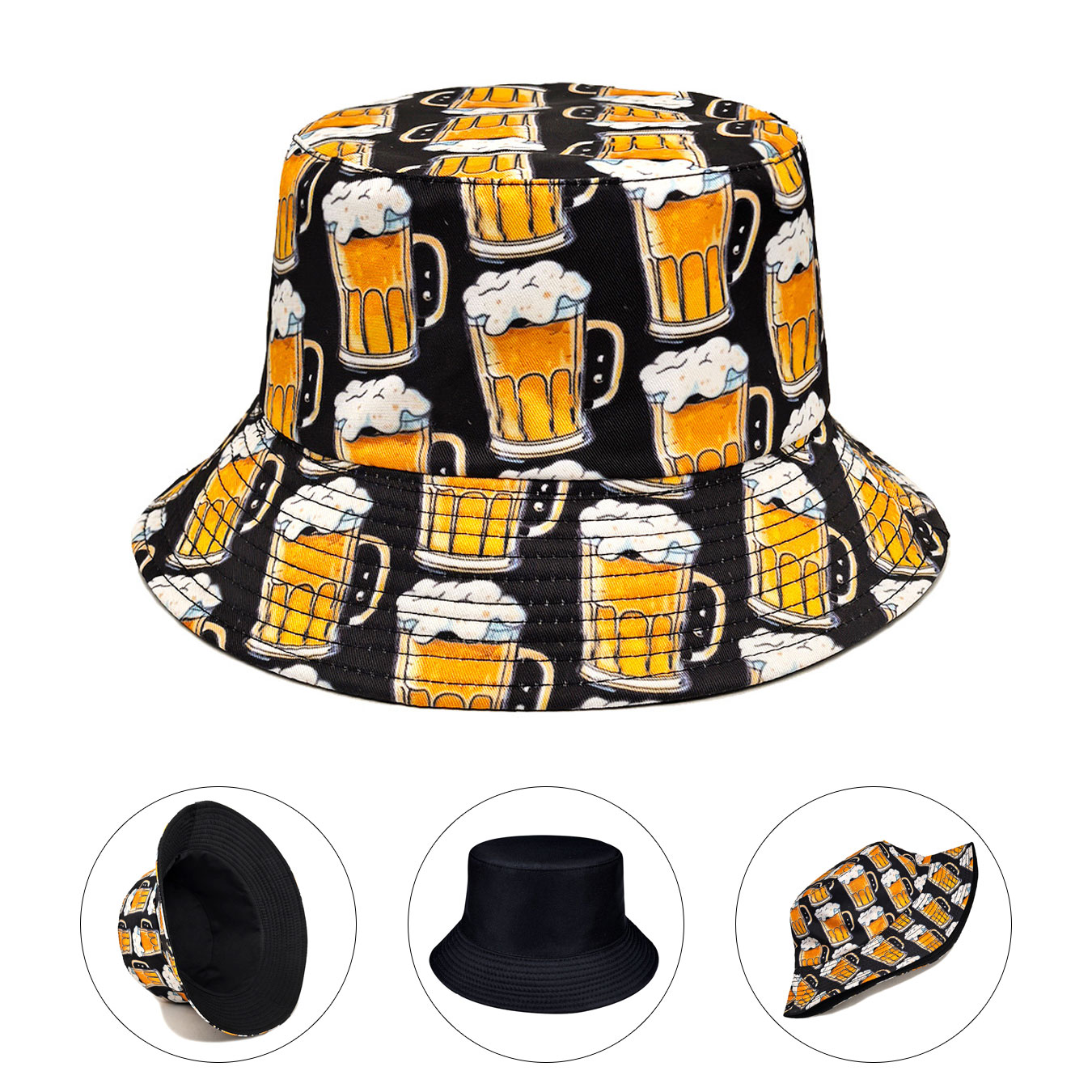 Outdoor Adventure Wear - Fashionable Beer-Printed Double-Sided Bucket Hat, Sun-Protective
